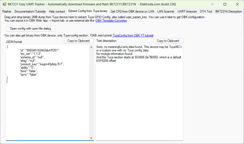 BK7231 Easy UART Flasher window with loaded Tuya JSON configuration