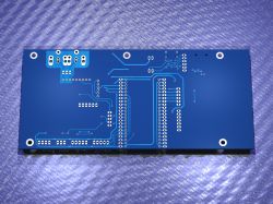 PCB render with traces and holes for chinch sockets.
