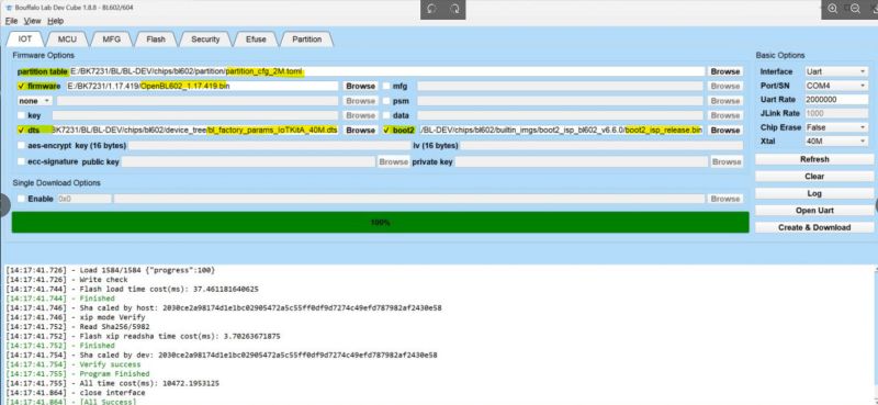 Bouffalo Lab Dev Cube window showing selected toml, dts, and boot2 files for BL602 flash