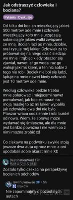 Zrzut ekranu z dyskusji na temat problemu z bocianem i człowiekiem, którzy zakłócają spokój autora.