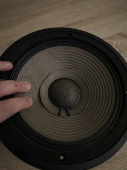 Zbliżenie na uszkodzony głośnik JBL z pękniętą membraną.