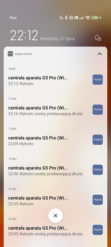 Powiadomienia z aplikacji Aqara Home o wykryciu osoby przez centralkę G5 Pro