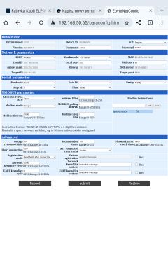 Screenshot of LAN/RS-485 converter configuration at IP 192.168.50.65