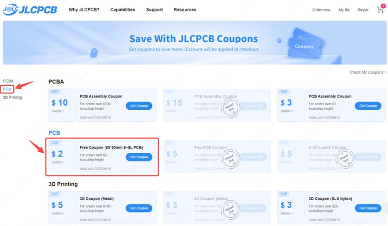 JLCPCB website section with discount coupons for PCB, PCBA, and 3D printing orders.