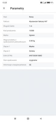 Zrzut ekranu z parametrami kabla marki Ugreen.