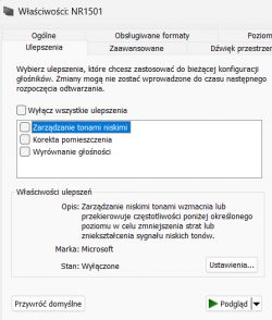 Zrzut ekranu ustawień właściwości urządzenia audio NR1501.