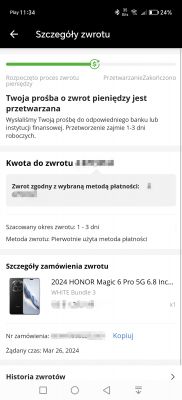 Zrzut ekranu z aplikacji Aliexpress przedstawiający szczegóły zwrotu pieniędzy za zakupiony telefon 2024 HONOR Magic 6 Pro.