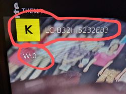 Anzeige eines Fernsehbildschirms mit einer seltsamen Überlagerung, die die Modellnummer LC-B32HI5232EB3 zeigt.