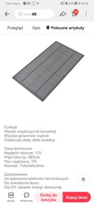 Panel słoneczny o napięciu 12V i prądzie 583mA