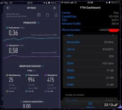 Zrzuty ekranu z testu prędkości sieci LTE i aplikacji FTM Dashboard