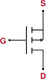 MOSFET Symbol with Terminal Labels Diagram of a MOSFET symbol with labels for gate, source, and drain.
