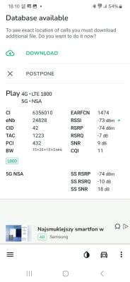 Zrzut ekranu z aplikacji pomiarowej pokazujący parametry sieci Play 4G LTE 1800 i 5G NSA z poziomem sygnału i szczegółami technicznymi.