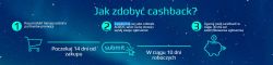 Instrukcja uzyskania cashbacku z trzema krokami i ikonami na tle kosmosu