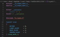 Screenshot of C header file code named ln_pm.h with sleep mode definitions.