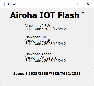 “About” window of Airoha IOT Flash Tool showing version and build dates