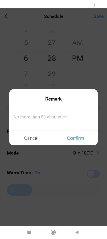 Schedule settings screen with comment input and confirm option