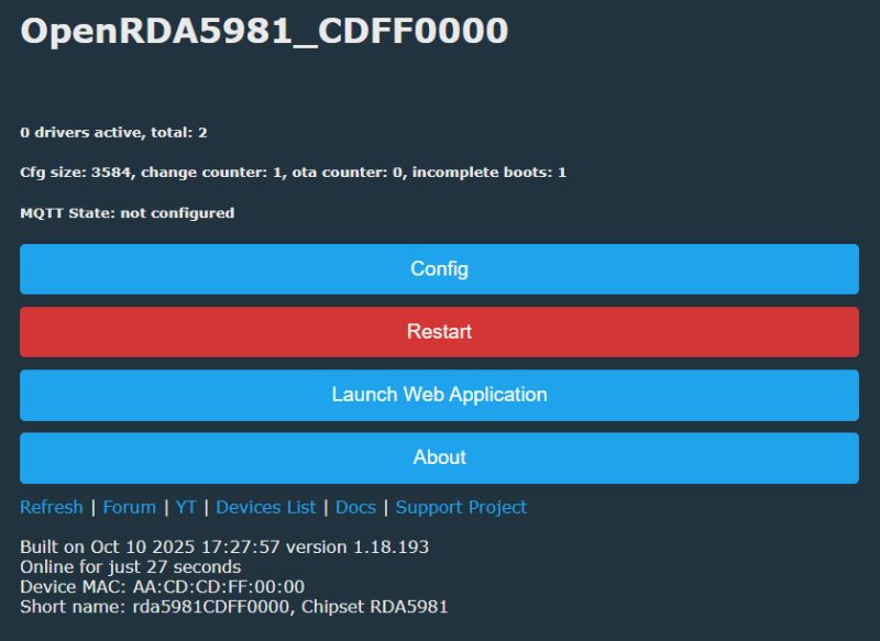 OpenRDA5981 control panel with buttons for Config, Restart, Web App, and About
