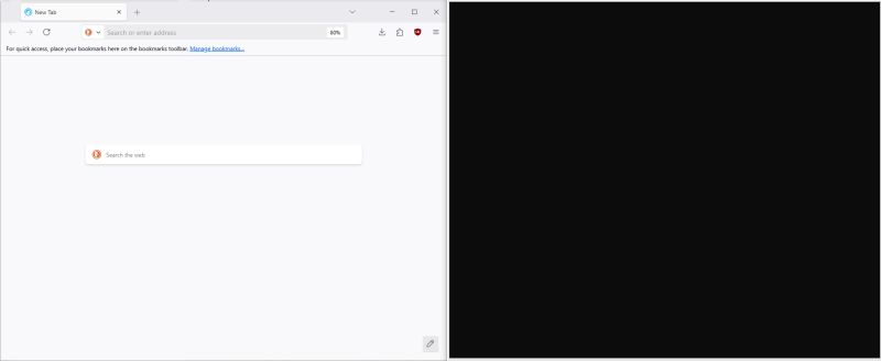Browser with new tab open on the left, black screen on the right