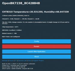 User interface of OpenBK7238 displaying temperature and humidity data.