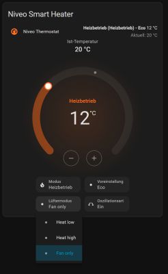 “Niveo Smart Heater” thermostat screen: heating mode, setpoint 12°C, current temperature 20°C