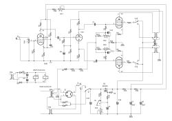 Electronic circuit diagram with vacuum tubes and components.