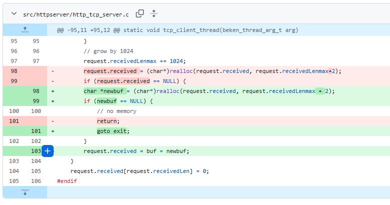 Screenshot of a C code diff: realloc result stored in newbuf and NULL handled with goto exit
