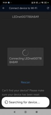 Connecting to Wi-Fi Network LEDnet007788A8A9 App screen showing connection to Wi-Fi network LEDnet007788A8A9.