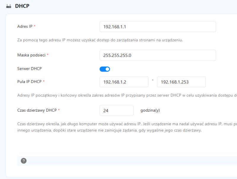 Panel ustawień DHCP routera z adresem IP, maską podsieci i zakresem puli DHCP