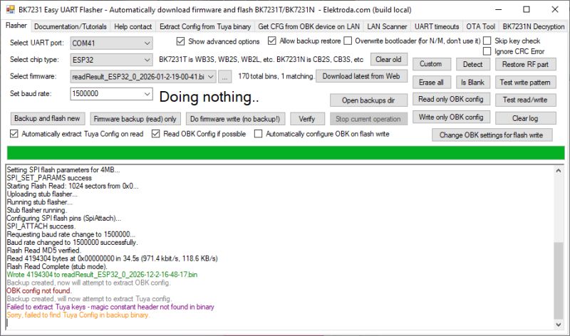 Screenshot of BK7231 Easy UART Flasher showing ESP32 flash read log and config-related error messages