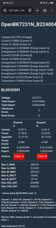Mobile browser screenshot of OpenBK7231N showing voltage, current, power and energy readings for channels A and B