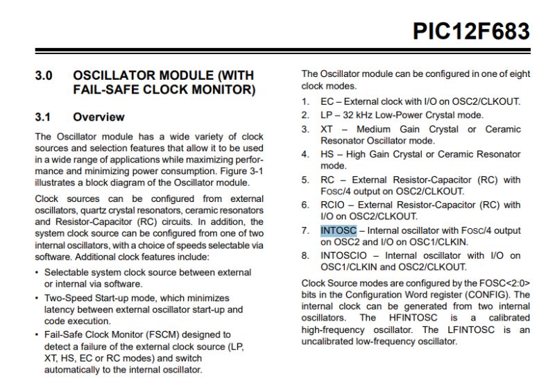 Table of oscillator operating modes for PIC12F683 microcontroller