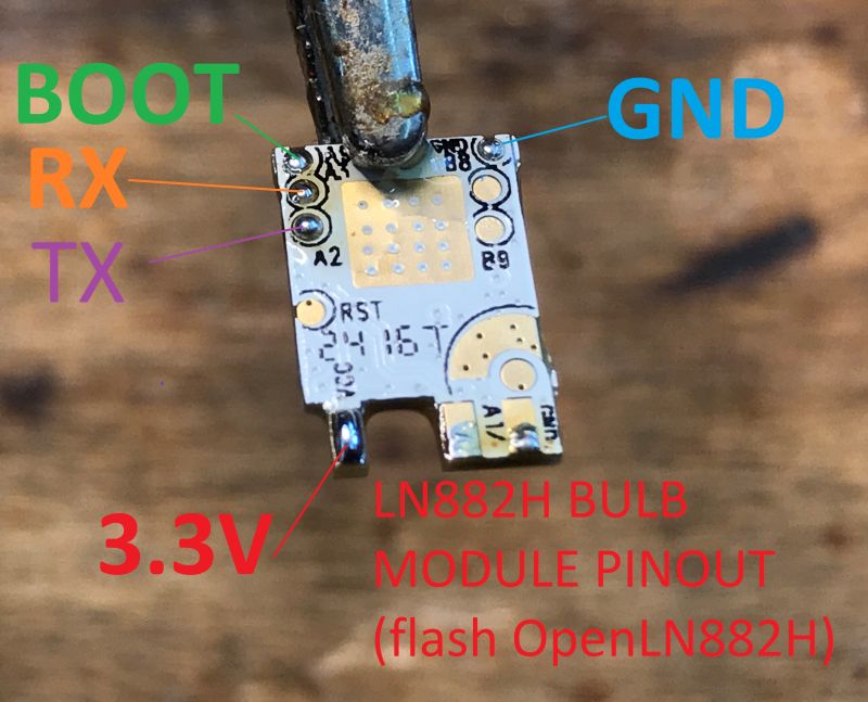 LN882H WiFi Module Pinout for Programming Photo of LN882H WiFi module with labeled programming pins: BOOT, RX, TX, GND, and 3.3V.