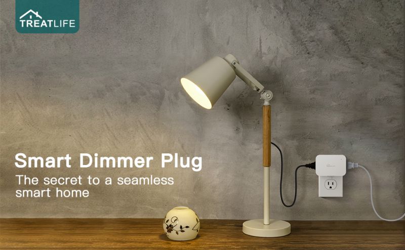 Desk lamp and Treatlife smart dimmer plug against a wall.