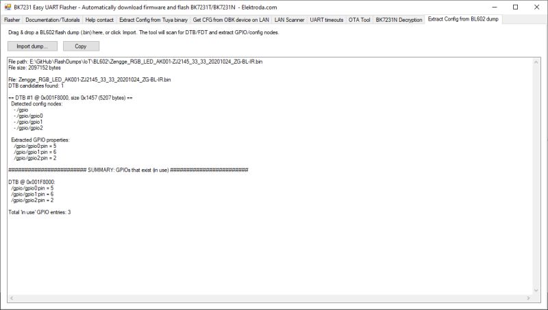 Application window showing extracted GPIO results from BL602 .bin file