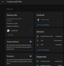 ecoNET300 interface showing device info, network status, and diagnostics