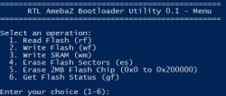 Menu of the Realtek AmebaZ Bootloader Utility version 0.1.