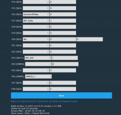 Device configuration page with various pin settings and states.