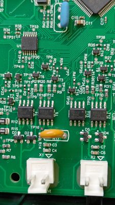 Close-up of a green PCB with IRF chips, resistors, ceramic capacitor, and test point labels.