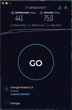 Zrzut ekranu Speedtest: pobieranie 441 Mb/s, wysyłanie 75,0 Mb/s, ping 12 ms, utrata 3,3%