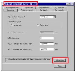Zrzut ekranu z okna ONLINE - MACHINE DATA – DB1210 z nieaktywnym przyciskiem MD active.