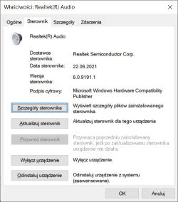 Okno właściwości sterownika Realtek Audio z datą i wersją sterownika.