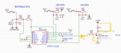 Schemat elektroniczny z tranzystorem, przekaźnikiem i układem scalonym CD4013BD.