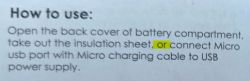A section of user instructions describing how to connect a device via Micro USB port.