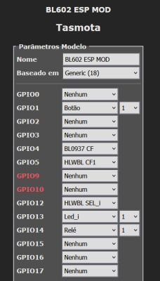 GPIO configuration for BL602 ESP MOD device in Tasmota interface