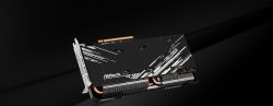 Karta graficzna ASRock Radeon z podwójnym wentylatorem i metalową obudową.