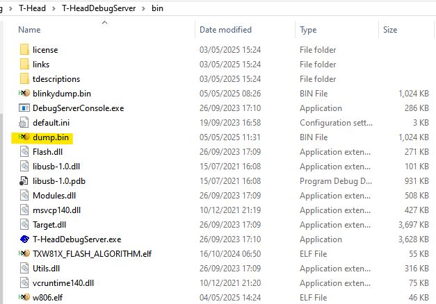 Contents of bin folder in T-HeadDebugServer project Screenshot of a Windows folder named bin showing various files and folders, including dump.bin.