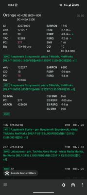Zrzut ekranu z aplikacji pokazującej parametry sieci 4G i 5G, w tym siłę sygnału i lokalizacje stacji bazowych.