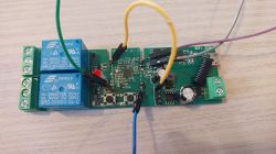 Green PCB with a BL602 chip on SDV-002 module, featuring two blue relays, a red LED, and various wires connected to pins.