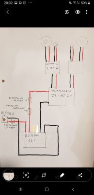 Schemat elektryczny boomboxa DIY z baterią 12V, wzmacniaczem i zabezpieczeniami na kablach.