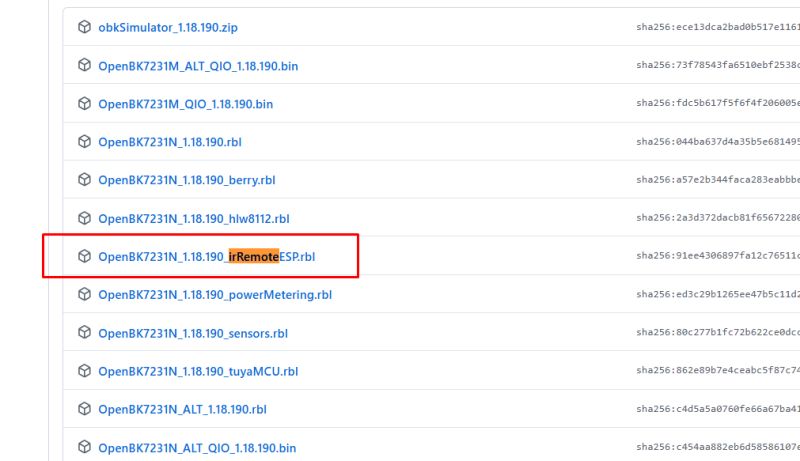 Firmware file “OpenBK7231N_1.18.190_irRemoteESP.rbl” highlighted in red box